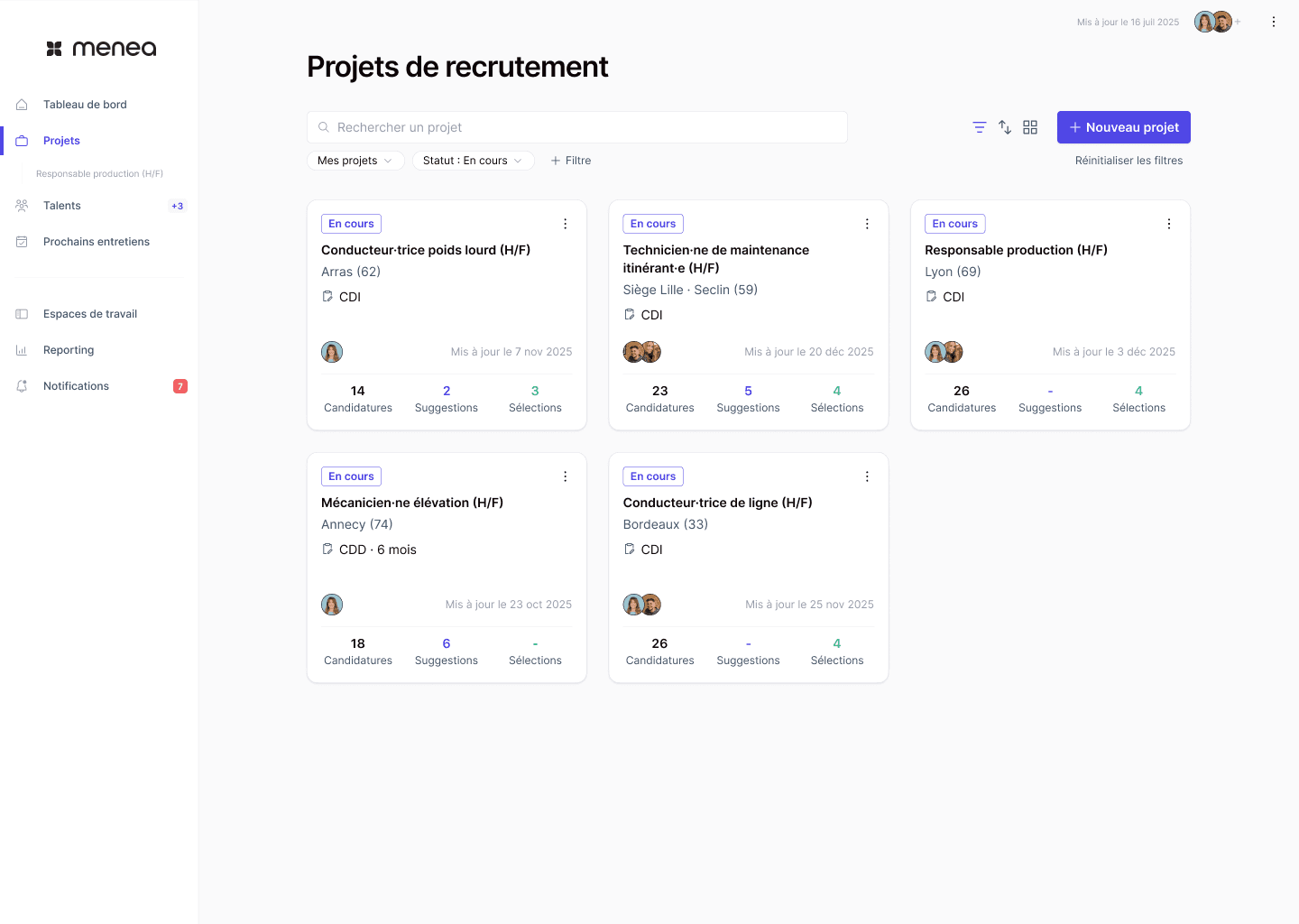 Interface Menea - Projets de recrutement